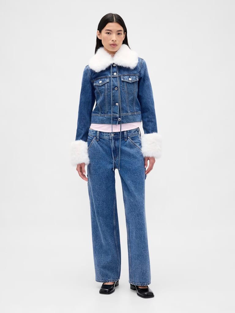 Vegan Fur Crop Denim Jacket, P10,950. Low Rise ’90s Loose Carpenter Jeans, P4,650. GAP, SM Mall of Asia